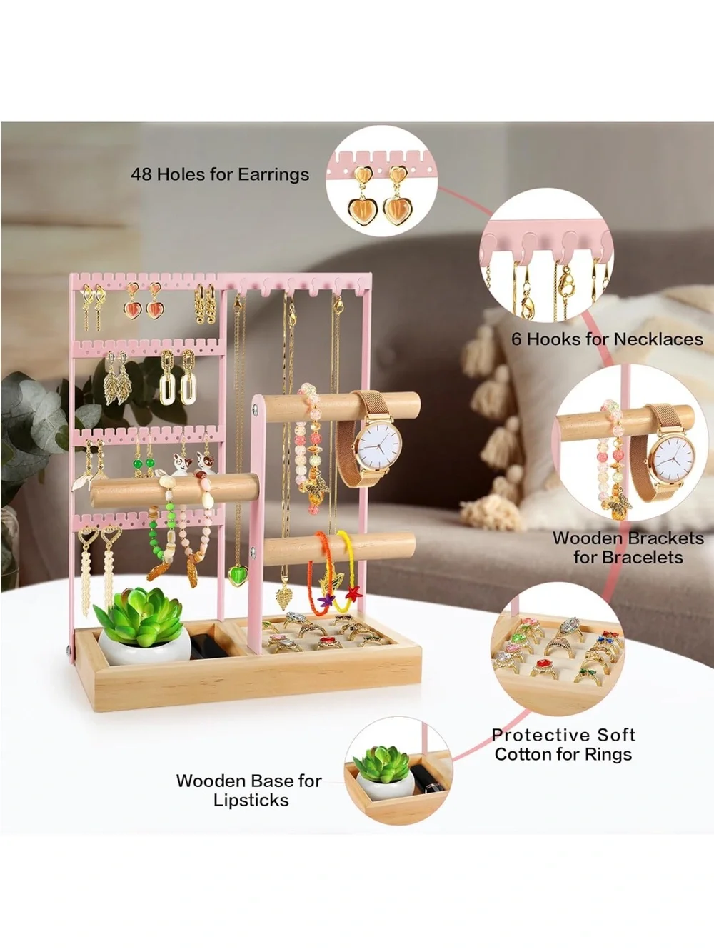 Pink Jewelry Organizer Stand with Ring Holder & Earring Display EUC